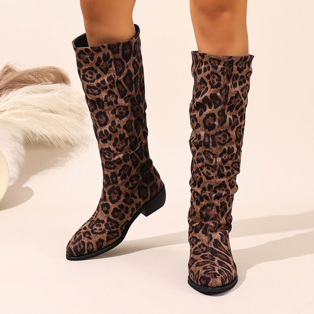 Pleated Pointed Toe Leopard Print High Boots-The-Knee Fashion Boots