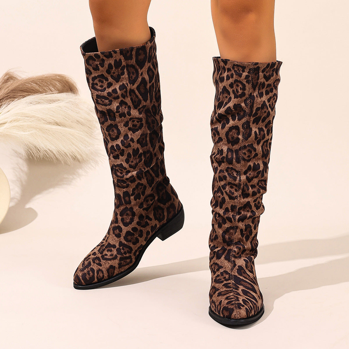 Pleated Pointed Toe Leopard Print High Boots-The-Knee Fashion Boots