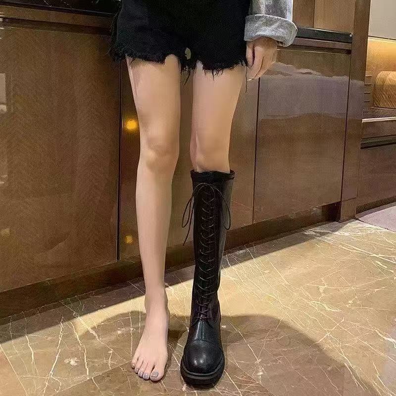 New Versatile Elastic Slim Boots Lace-Up High Boots Flats Bottom No-Knee Boots