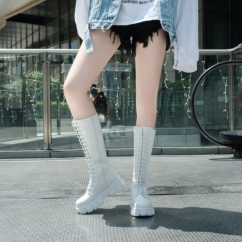 New British Style Platform Thick-Soled Versatile Niche Long Boots - Lace-Up Slim Boots