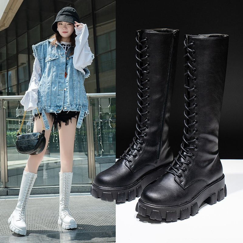 New British Style Platform Thick-Soled Versatile Niche Long Boots - Lace-Up Slim Boots