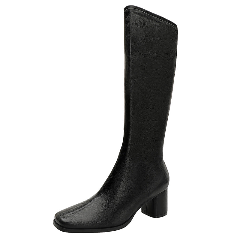 Retro but Knee-over Boots | Soft Leather | Side Zipper Square Head Medium Thick Heel Long Boots
