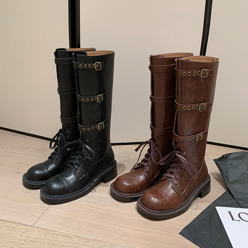 Women's Boots Thick Heel Mid Heel Knight Boots Vintage Rivet Belt Buckle Boots