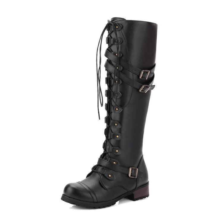 Leather Boots Round Head Belt Buckle Flat Boots | Rivet Lace-up High Knights Boots