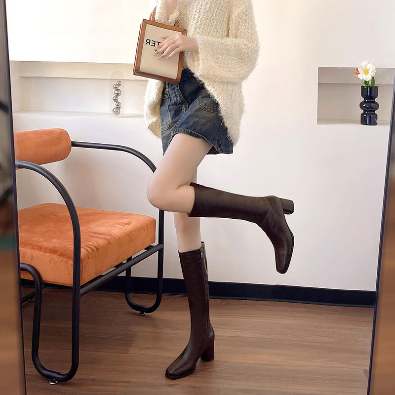 Retro but Knee-over Boots | Soft Leather | Side Zipper Square Head Medium Thick Heel Long Boots