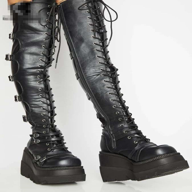 Casual high boots | wedge lace-up belt buckle over-the-knee boots