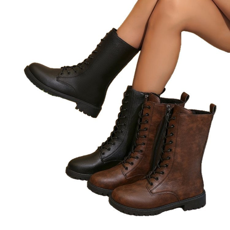 Medium Heel Thick Heel Retro Large Size Cross-Border Mid-Calf Boots for Women | Round Toe Side Zipper Boots