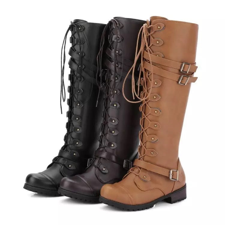 Leather Boots Round Head Belt Buckle Flat Boots | Rivet Lace-up High Knights Boots