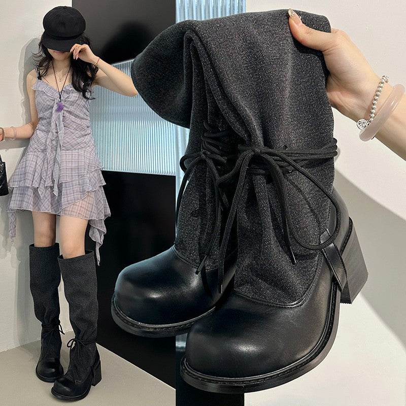 New Trendy Street Style Chunky Heel Platform Slimming Riding Boots