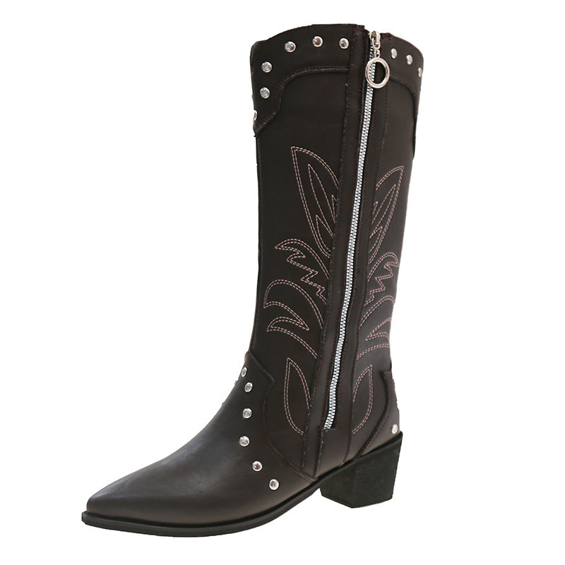 Retro Pointed Toe Thick Heel Western Cowboy Boots | Side Zipper Rivet Embroider V-Mouth