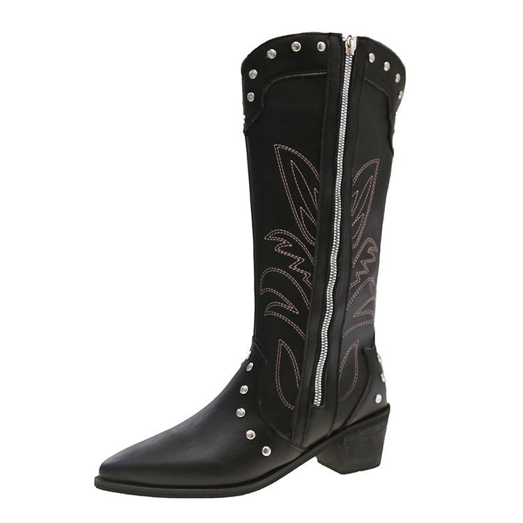 Retro Pointed Toe Thick Heel Western Cowboy Boots | Side Zipper Rivet Embroider V-Mouth