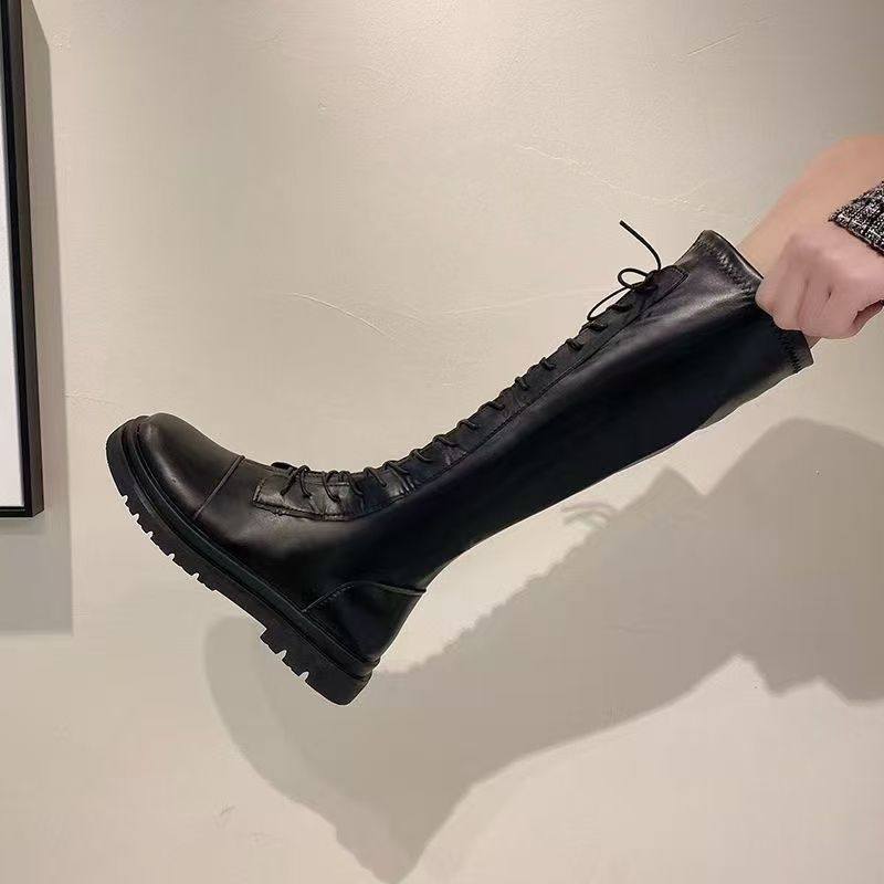 New Versatile Elastic Slim Boots Lace-Up High Boots Flats Bottom No-Knee Boots
