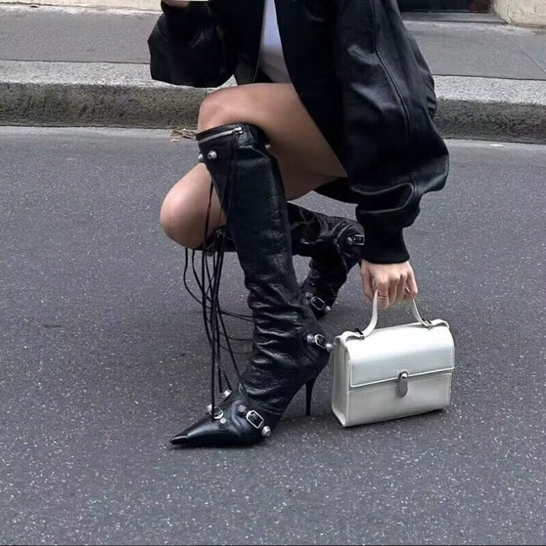 New Pointed Thin Heel Metal Rivet Motorcycle Catwalk Women's Boots Belt Buckle Tassel plus size Knight