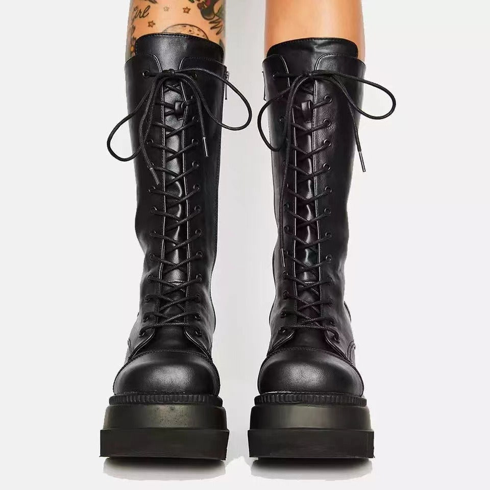 Wedge Mid-Calf Boots with a Gothic Style, Thick-Soled Motorcycle Rider Boots Over-The-Knee, Wide-Toe, Slimming High Boots