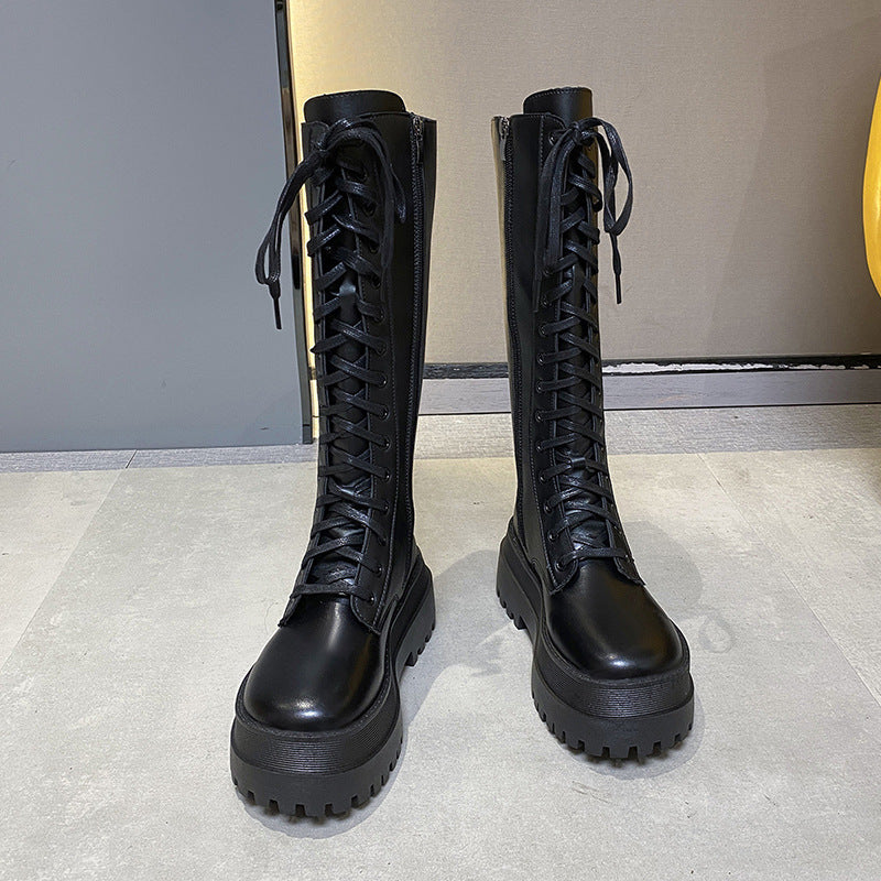 Lace-Up Side Zipper High-Heeled Fashion Boots | Retro Trendy Stylish Long Boots