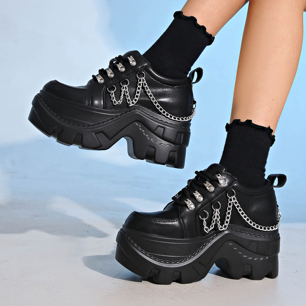 Dark Punk Round Toe Heightening Versatile Lace-Up Thick-Soled Platform Shoes
