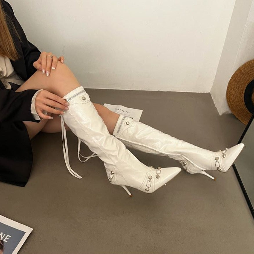 New Pointed Thin Heel Metal Rivet Motorcycle Catwalk Women's Boots Belt Buckle Tassel plus size Knight