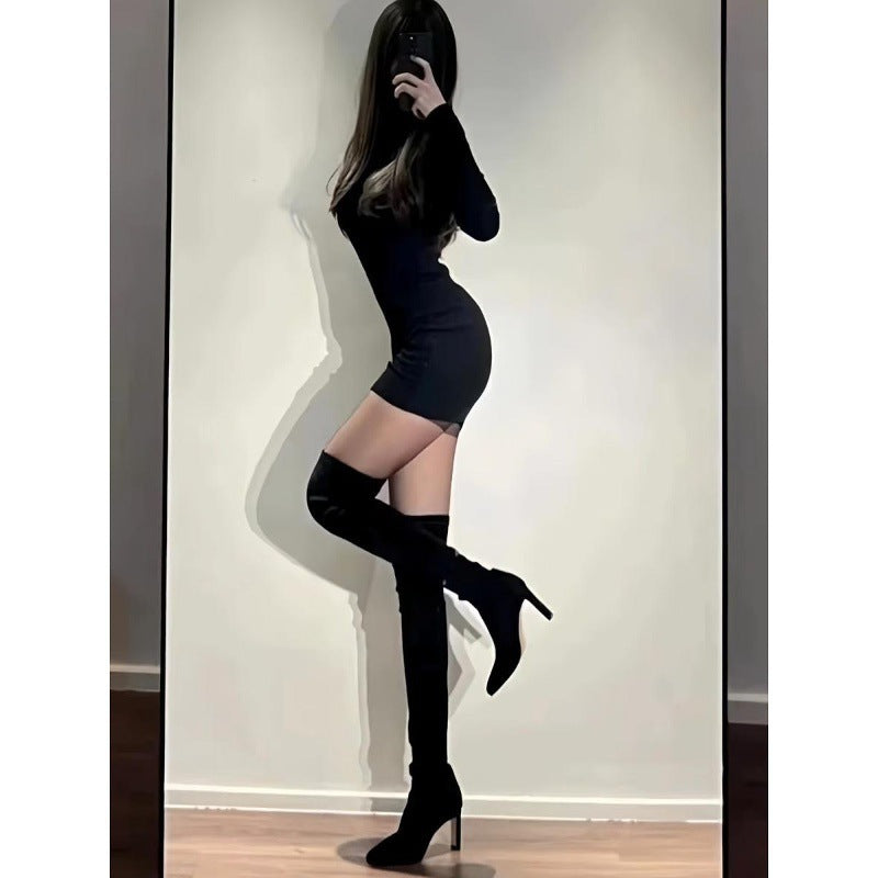 Slim Black Over-The-Knee Boots | Elastic Slim Boots High Boots Long Pointed Toe High Heels