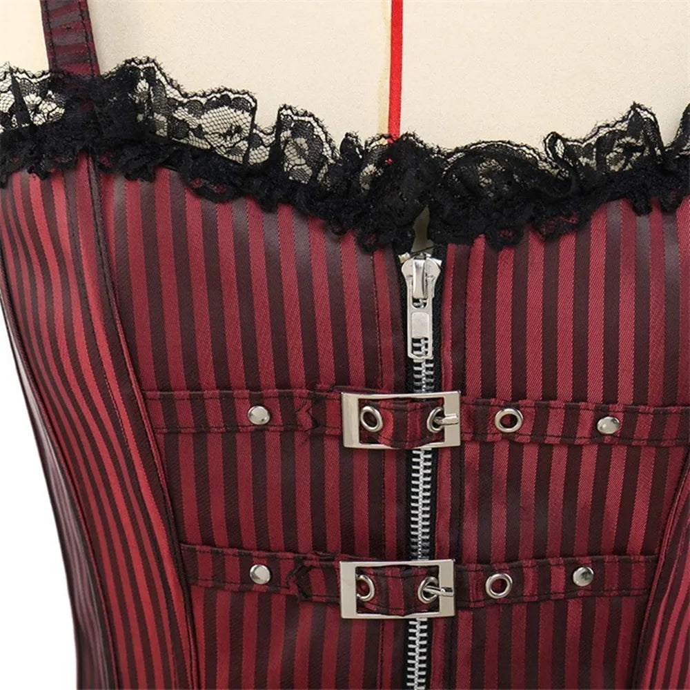 Women's Corset Camisole Sexy Lace Low Cut Zipper Punk Rock Style Cosplay Gothic Clothing Body Shaping Slimming Red Striped Top