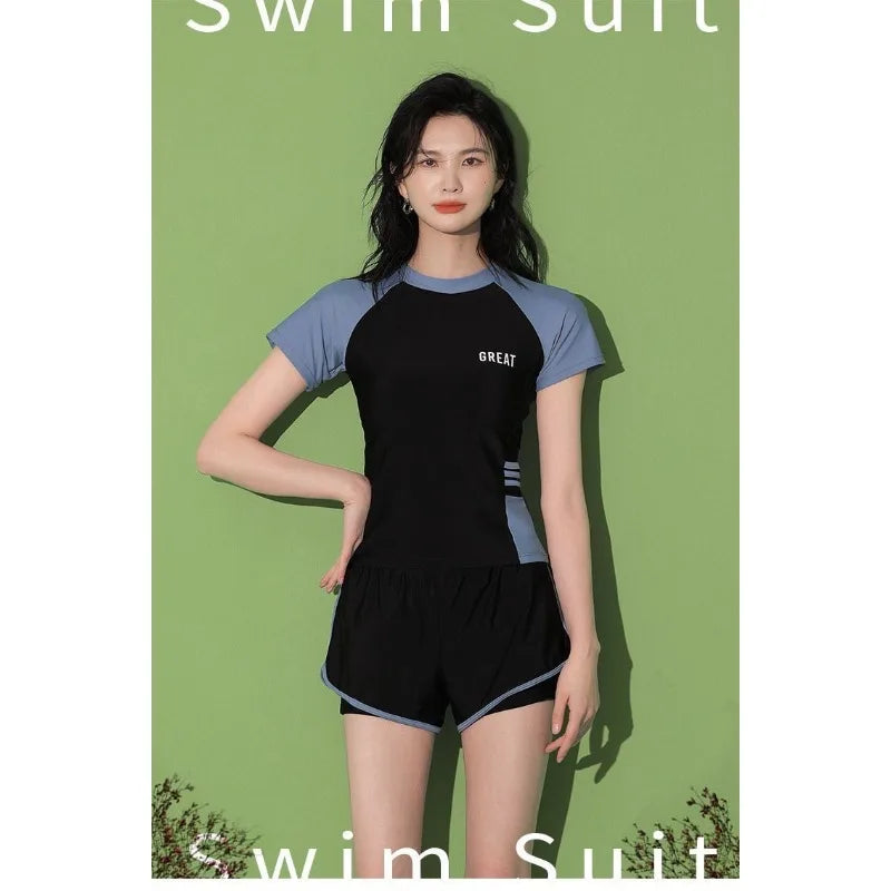 Sports Two-piece Swimsuit with Short Sleeves High Waisted Double Layered Shorts Suitable for Beach Swimming Pool Training