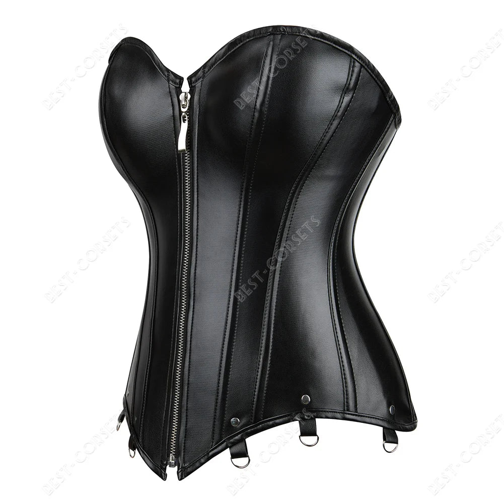 Gothic Corset Top with Garters Faux Leather Steampunk Corset Bustier Zipper Plus Size Black Red Bodices and Corsets for Women