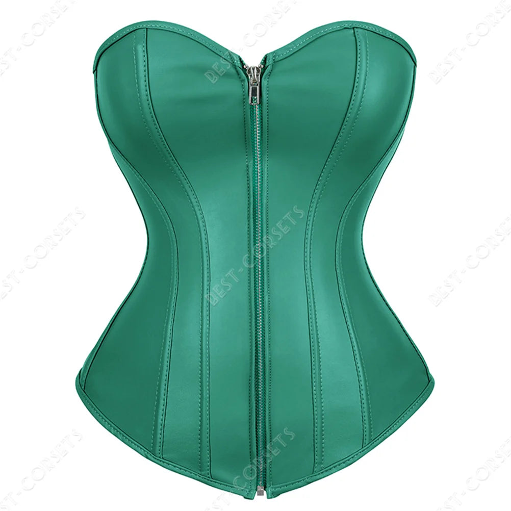 Gothic Corset Top with Garters Faux Leather Steampunk Corset Bustier Zipper Plus Size Black Red Bodices and Corsets for Women