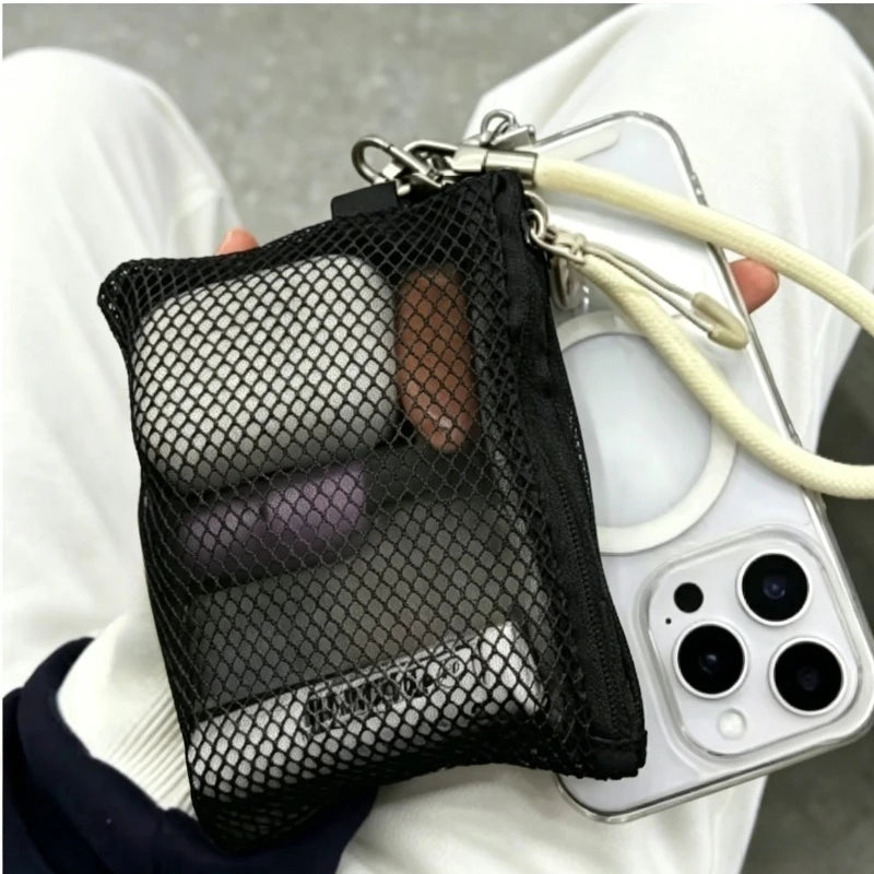 Mesh Travel Makeup Bag for Women Portable Mini Cosmetic Pouch Double Layer Zipper Multi-purpose Coin Purse Credit Card Holder