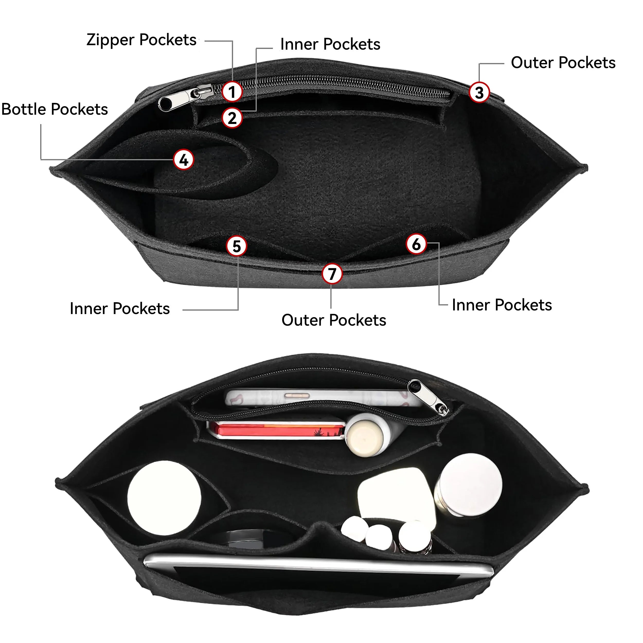 Felt Tote Bag Organizer Insert with Zipper Multi-Pocket Handbag Shaper for Longchamp Large Purse Makeup Storage Travel Liner