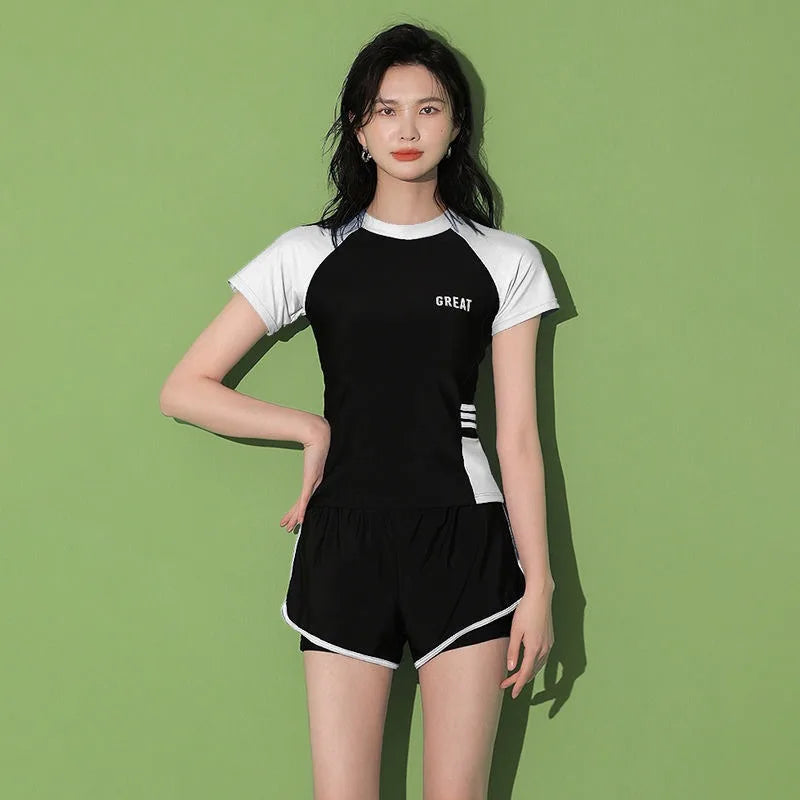 Sports Two-piece Swimsuit with Short Sleeves High Waisted Double Layered Shorts Suitable for Beach Swimming Pool Training