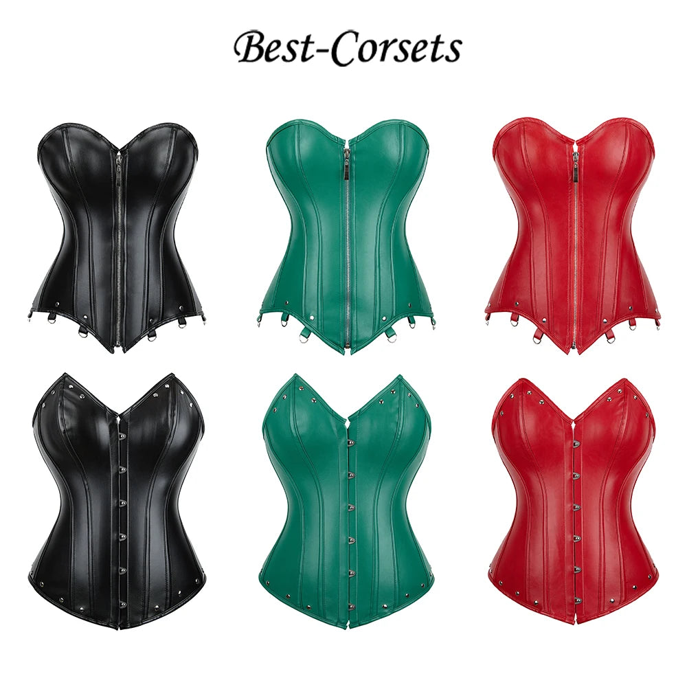 Gothic Corset Top with Garters Faux Leather Steampunk Corset Bustier Zipper Plus Size Black Red Bodices and Corsets for Women