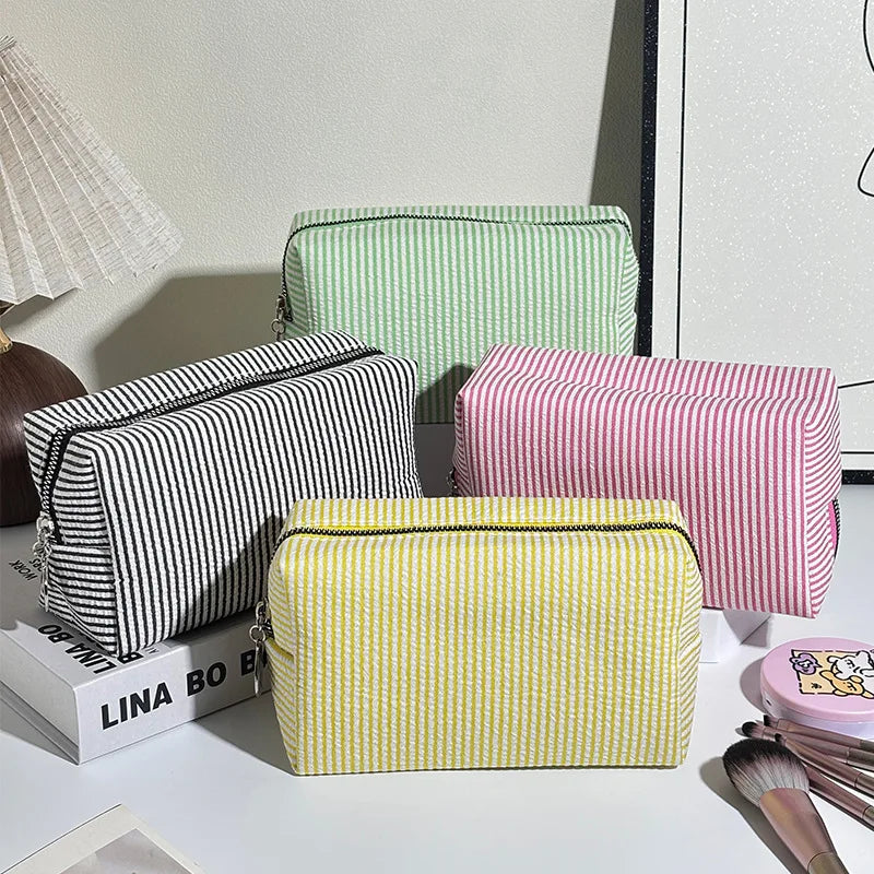 Striped Cosmetic Bag, Bubble Chiffon Portable Travel Toiletry Bag, Large Storage Makeup Organizer Pouch Student Makeup Bag