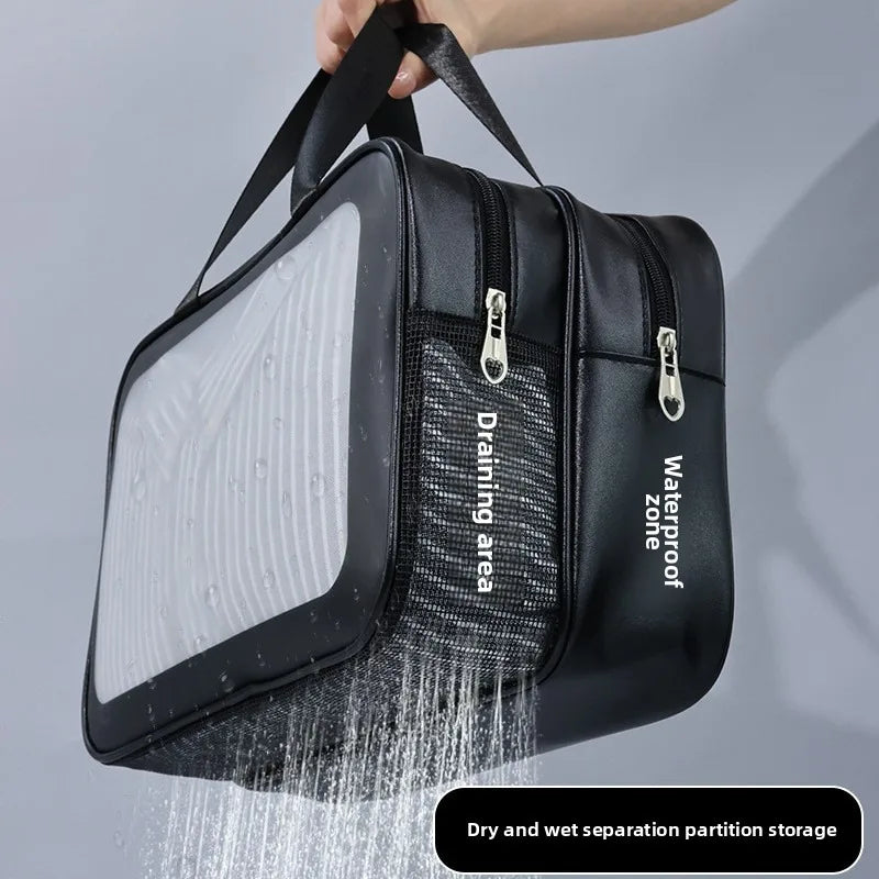 Toiletry Bag Large Capacity Waterproof Frosted PU Double Layer Wet Dry Separation Travel Bath Cosmetic Storage Daily Organizer