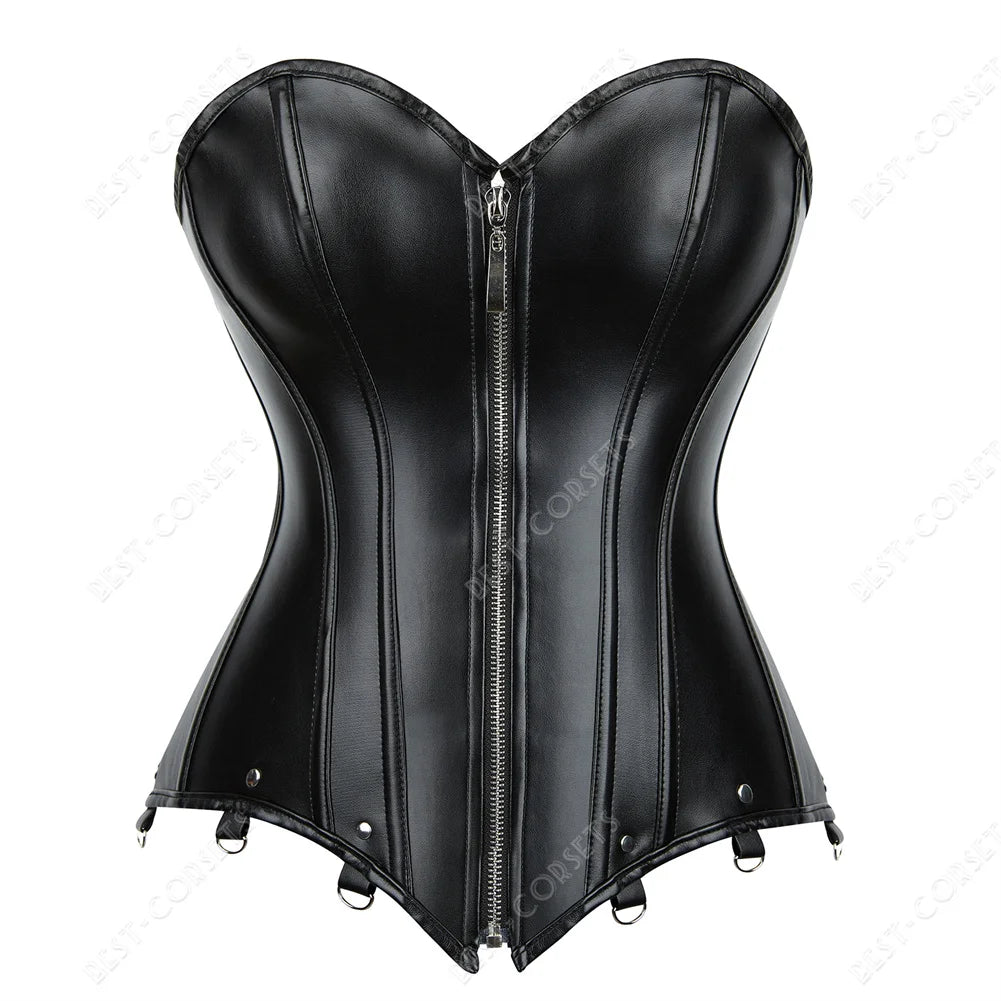 Gothic Corset Top with Garters Faux Leather Steampunk Corset Bustier Zipper Plus Size Black Red Bodices and Corsets for Women