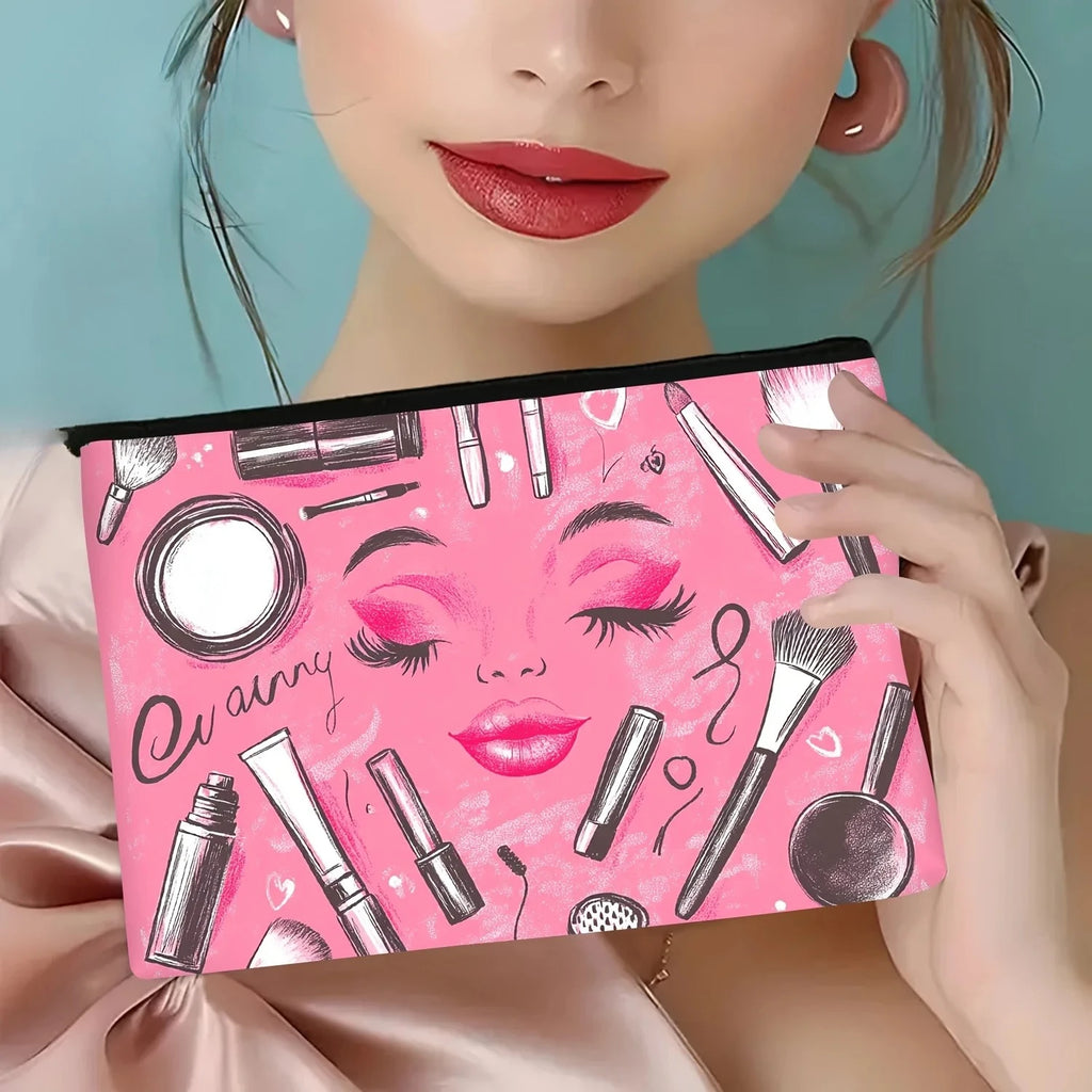 A Pink Cosmetic Element Makeup Bag - Cute Multifunctional Zipper Pouch for Women, Jewelry Storage Bag