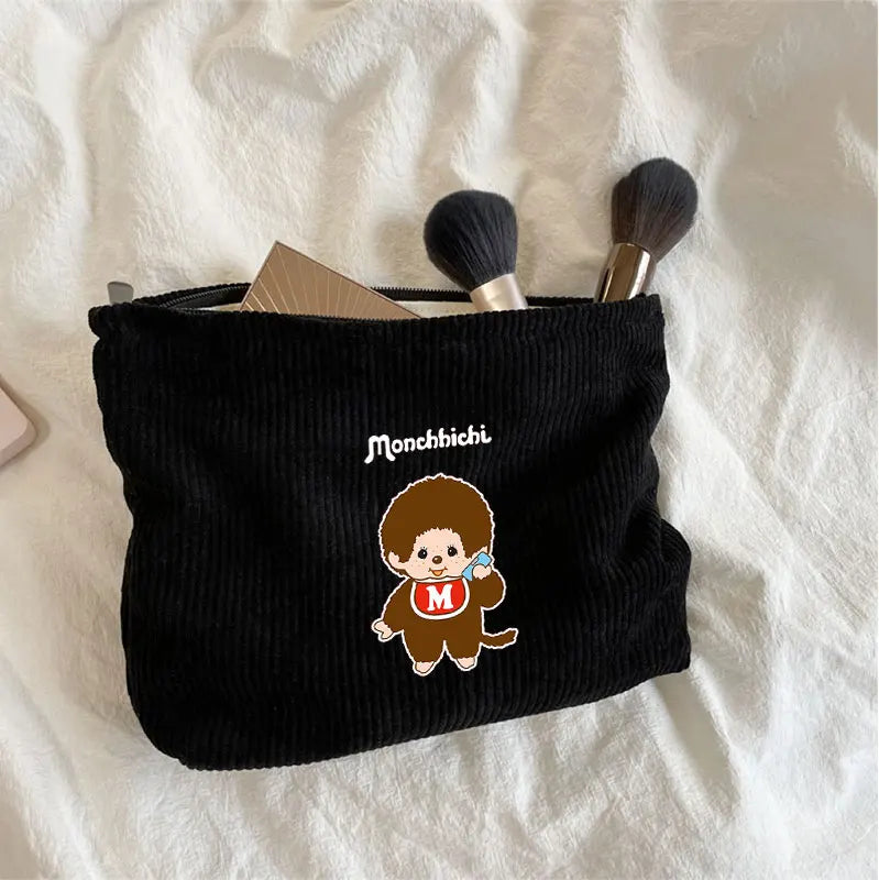 Monchhichi Woman Corduroy Makeup Bag Female Cute Toiletry Bags Girl Kawaii Travel Portable Zipper Storage Wash Bag Birthday Gift