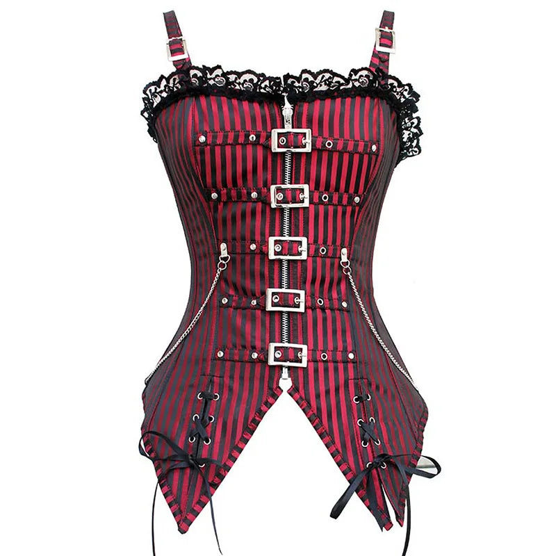 Women's Corset Camisole Sexy Lace Low Cut Zipper Punk Rock Style Cosplay Gothic Clothing Body Shaping Slimming Red Striped Top