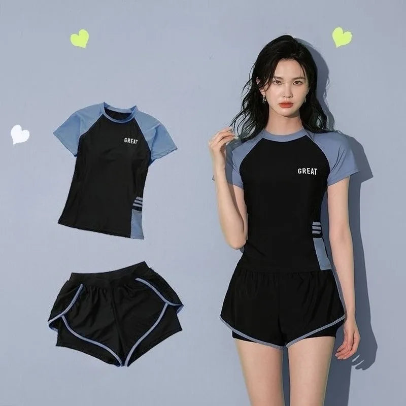 Sports Two-piece Swimsuit with Short Sleeves High Waisted Double Layered Shorts Suitable for Beach Swimming Pool Training