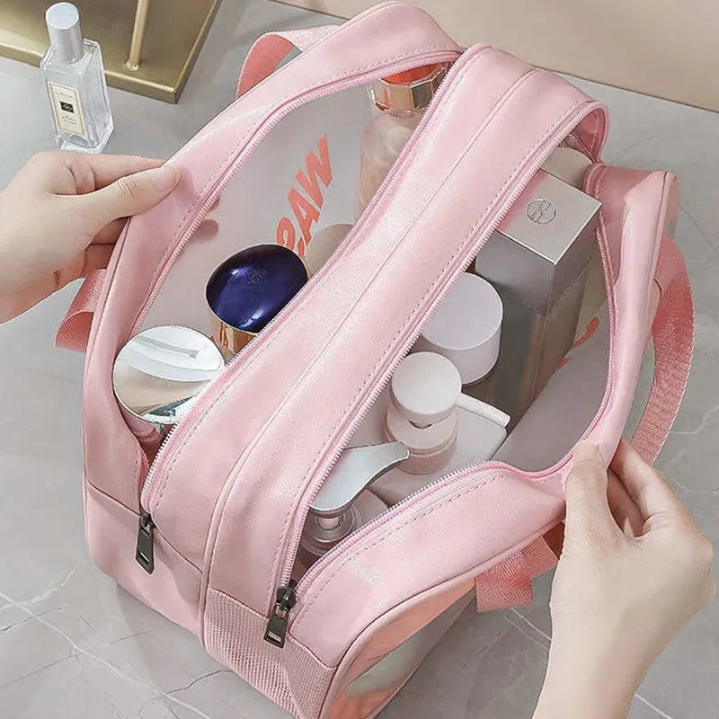 Toiletry Bag Large Capacity Waterproof Frosted PU Double Layer Wet Dry Separation Travel Bath Cosmetic Storage Daily Organizer
