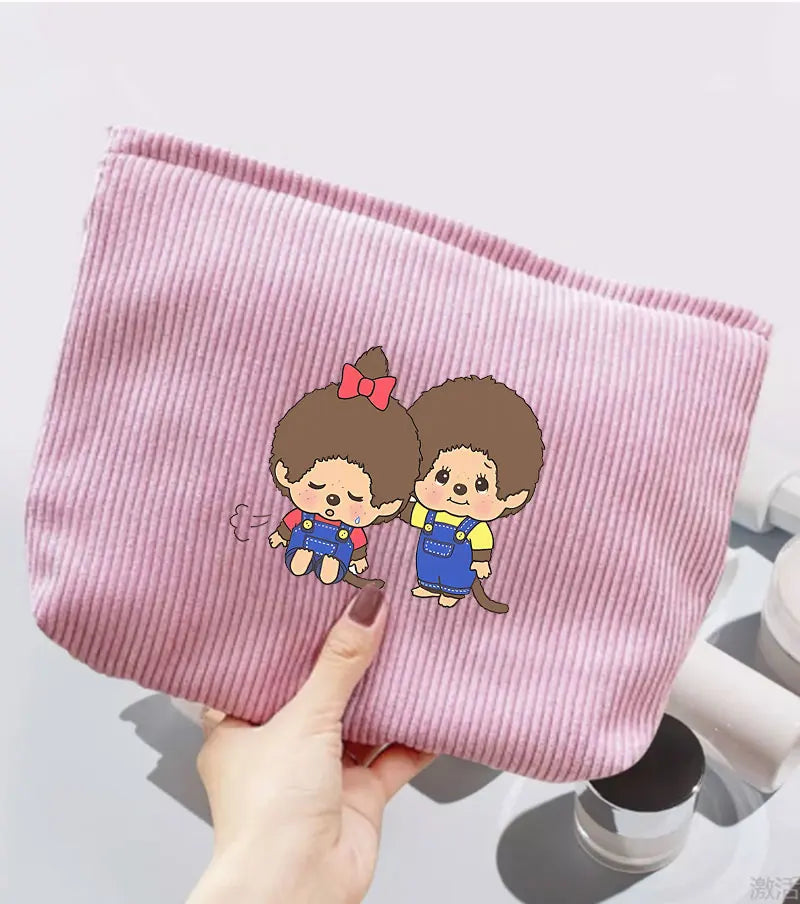 Monchhichi Woman Corduroy Makeup Bag Female Cute Toiletry Bags Girl Kawaii Travel Portable Zipper Storage Wash Bag Birthday Gift