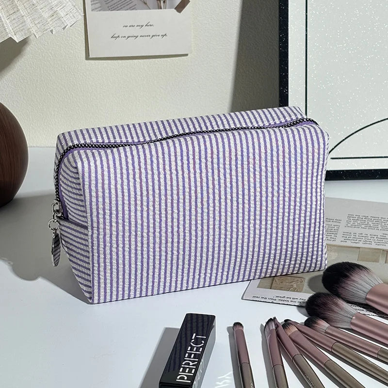 Striped Cosmetic Bag, Bubble Chiffon Portable Travel Toiletry Bag, Large Storage Makeup Organizer Pouch Student Makeup Bag