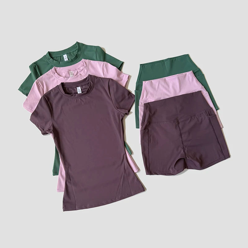 Women's Sports Yoga Set Seamless Knitted Fitness Gym Clothes Sportswear Short Sleeve Crop Top Tracksuits Gym Short Leggings