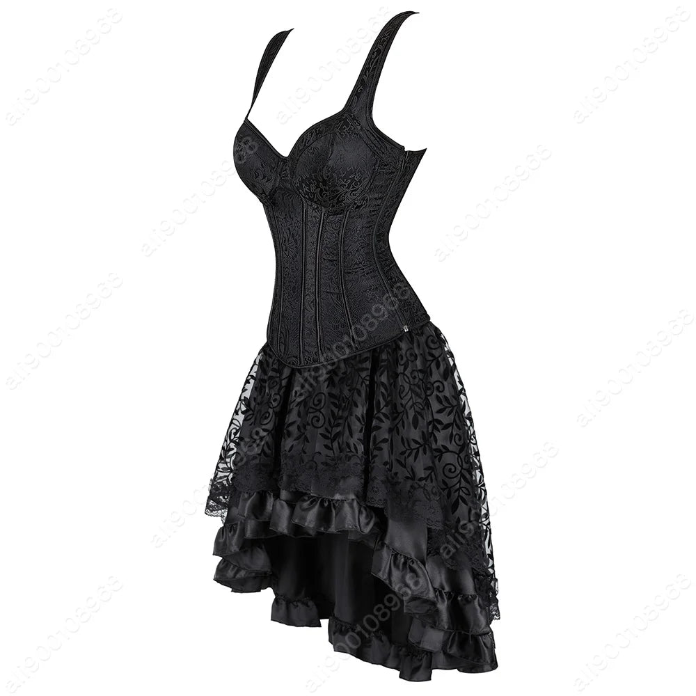 Gothic Corset Dress Women Black Corset with Straps Lace Skirt Burlesque Costume Steampunk Corset Top XS-7XL Plus Size