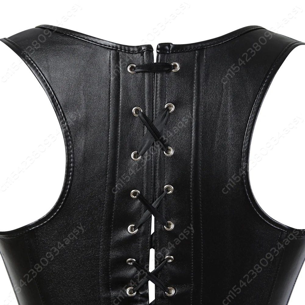 Women Corset Bustier Steampunk Zipper Corset Top Black Leather Corset With Straps