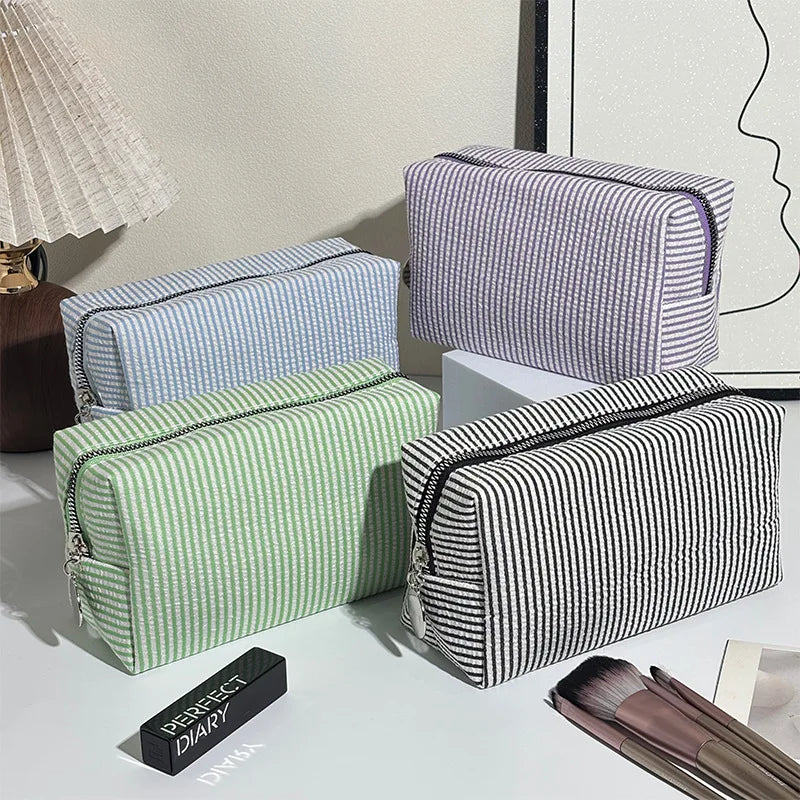 Striped Cosmetic Bag, Bubble Chiffon Portable Travel Toiletry Bag, Large Storage Makeup Organizer Pouch Student Makeup Bag