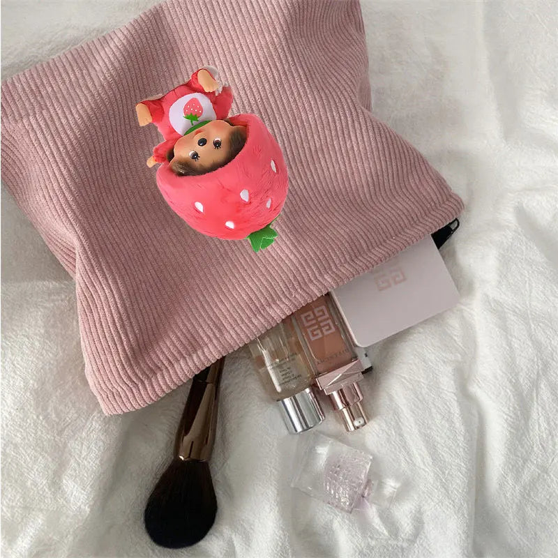 Monchhichi Woman Corduroy Makeup Bag Female Cute Toiletry Bags Girl Kawaii Travel Portable Zipper Storage Wash Bag Birthday Gift