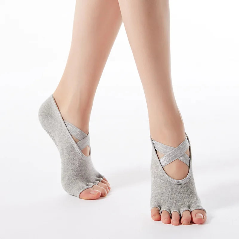 Yoga Socks for Women Anti Slip Five Toe Ladies Fitness Pilates Socks Professiona Cross Bandage Sports Ballet Dance Socks