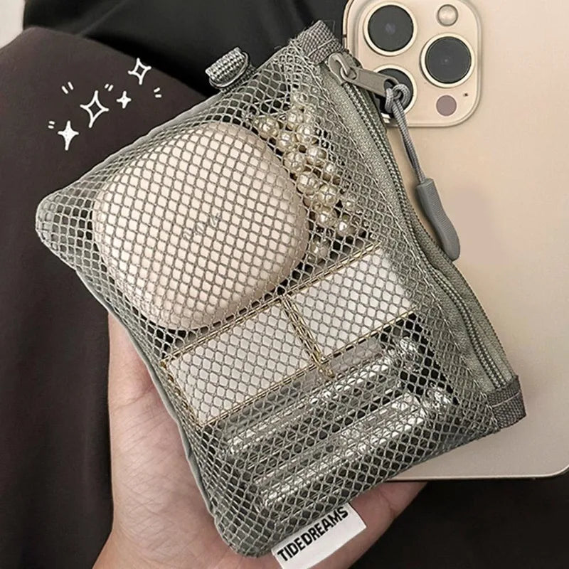 Mesh Travel Makeup Bag for Women Portable Mini Cosmetic Pouch Double Layer Zipper Multi-purpose Coin Purse Credit Card Holder