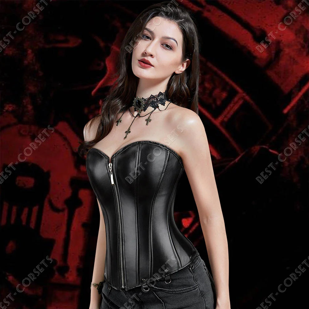 Gothic Corset Top with Garters Faux Leather Steampunk Corset Bustier Zipper Plus Size Black Red Bodices and Corsets for Women