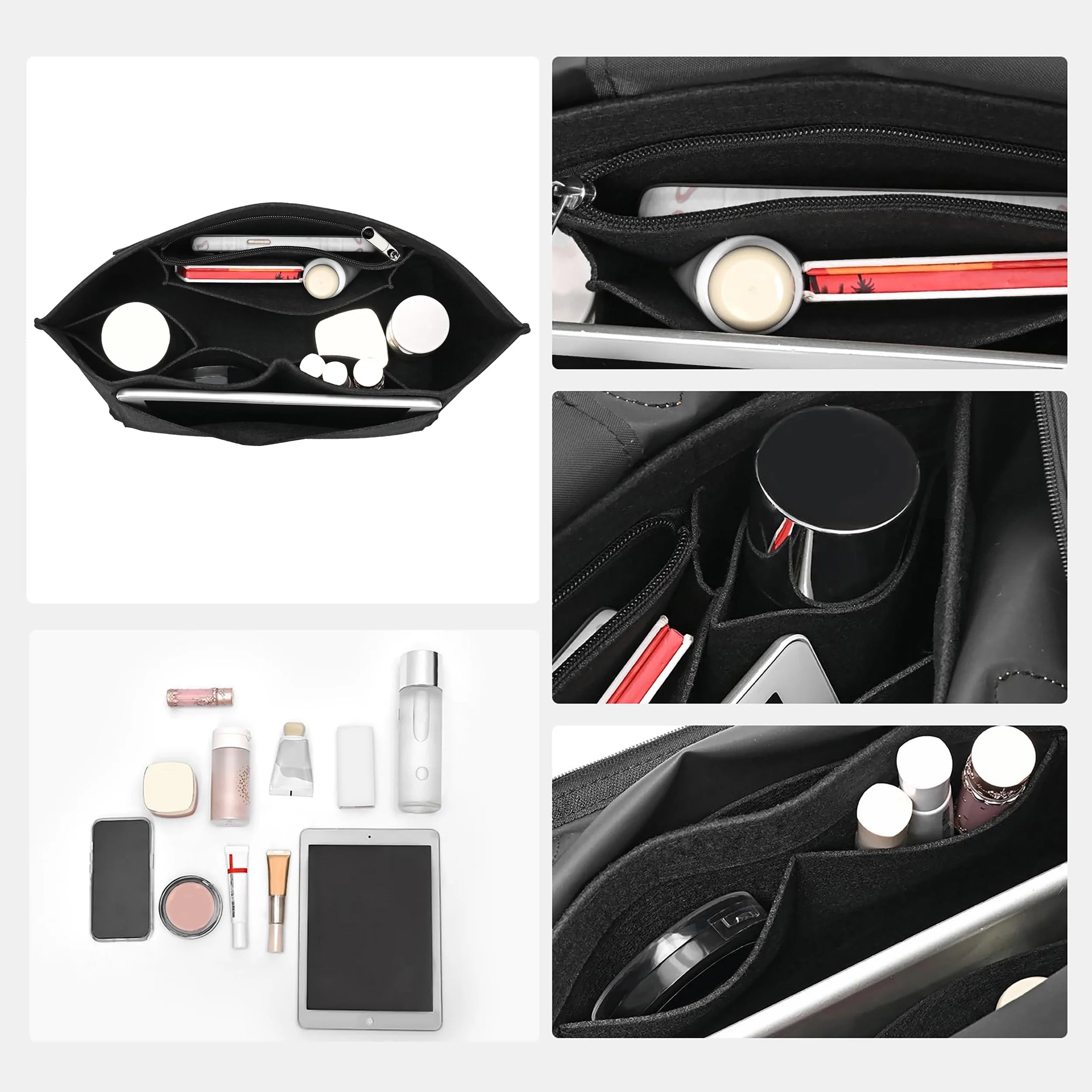 Felt Tote Bag Organizer Insert with Zipper Multi-Pocket Handbag Shaper for Longchamp Large Purse Makeup Storage Travel Liner