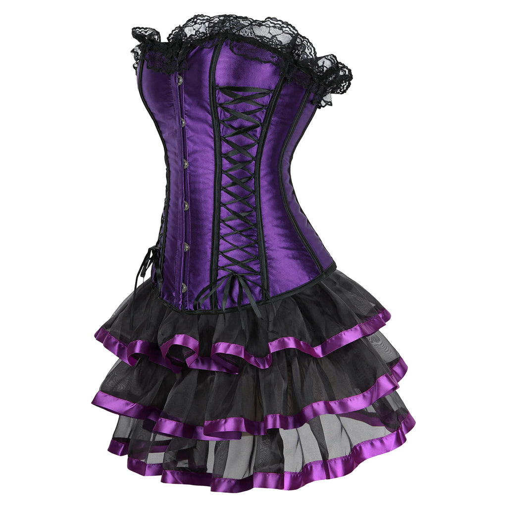Gothic Corset Dress Sexy Satin Lace Up Corset Steampunk Corset With Dress Cosplay Club Purple